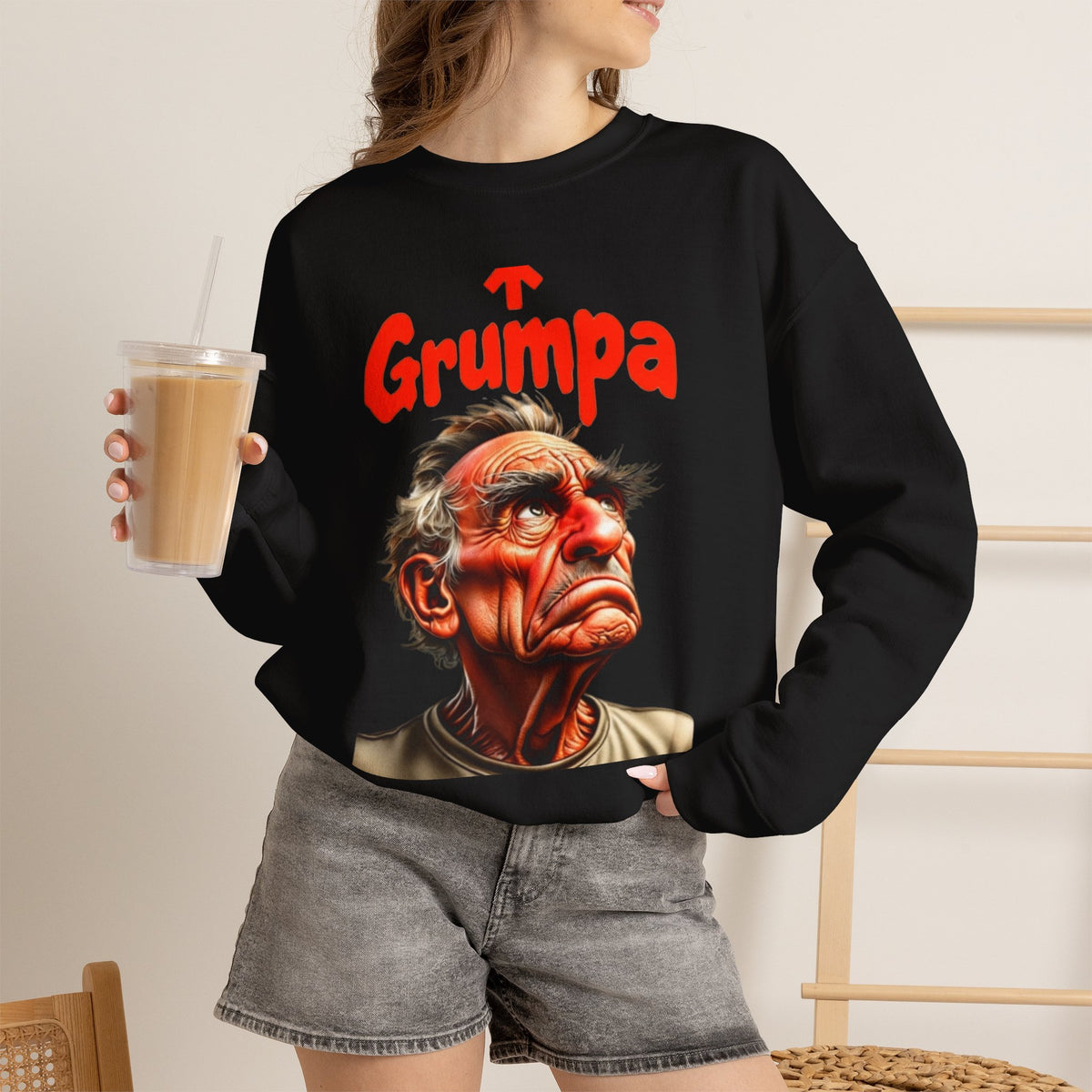 Grumpy Grandpa — 'Grumpa' Funny Old Man Portrait — Crewneck Sweatshirt