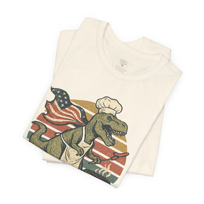 Amerisaurus Rex BBQ T-Shirt – Patriotic Grilling Dino Tee