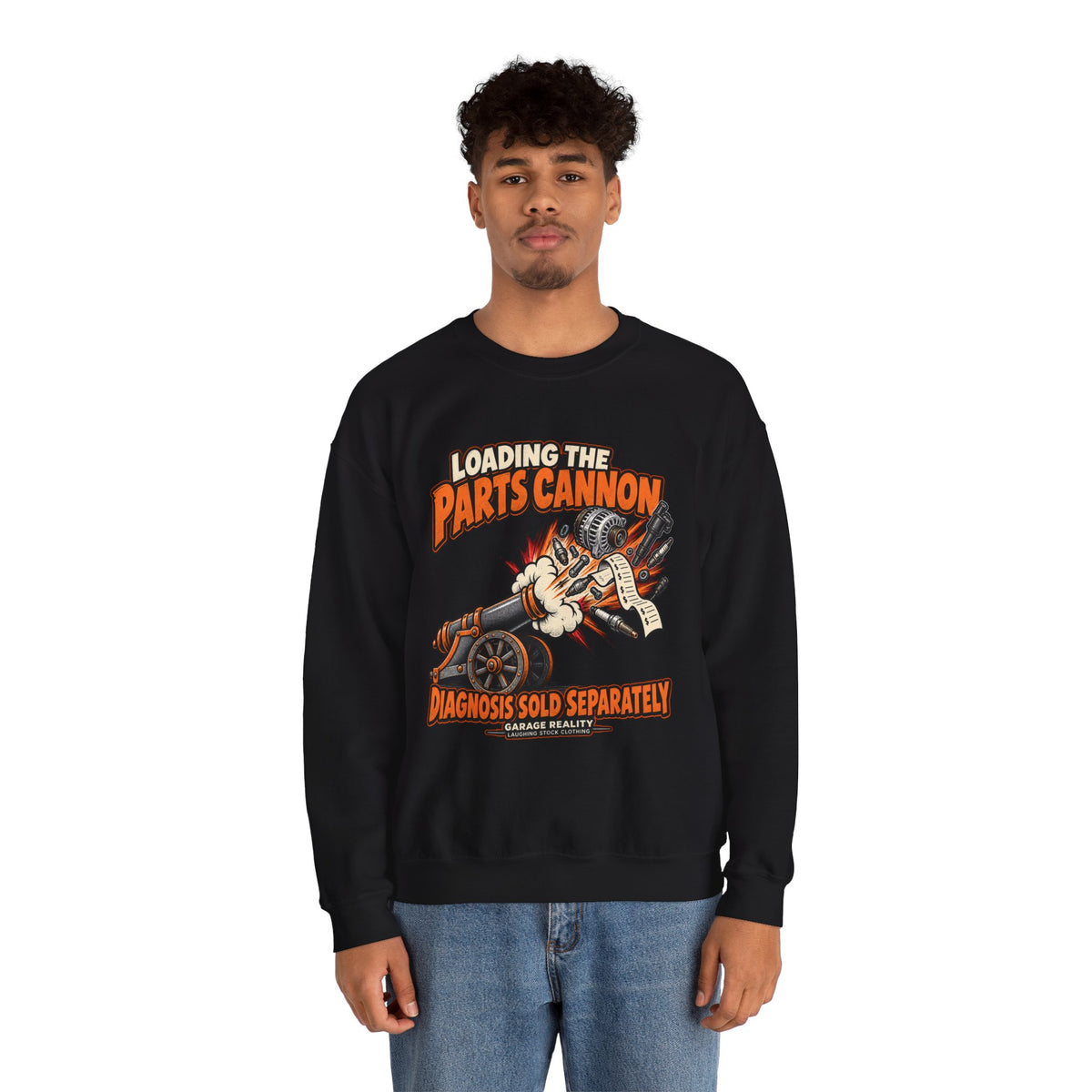 Loading the Parts Cannon — Garage Reality Crewneck Sweatshirt
