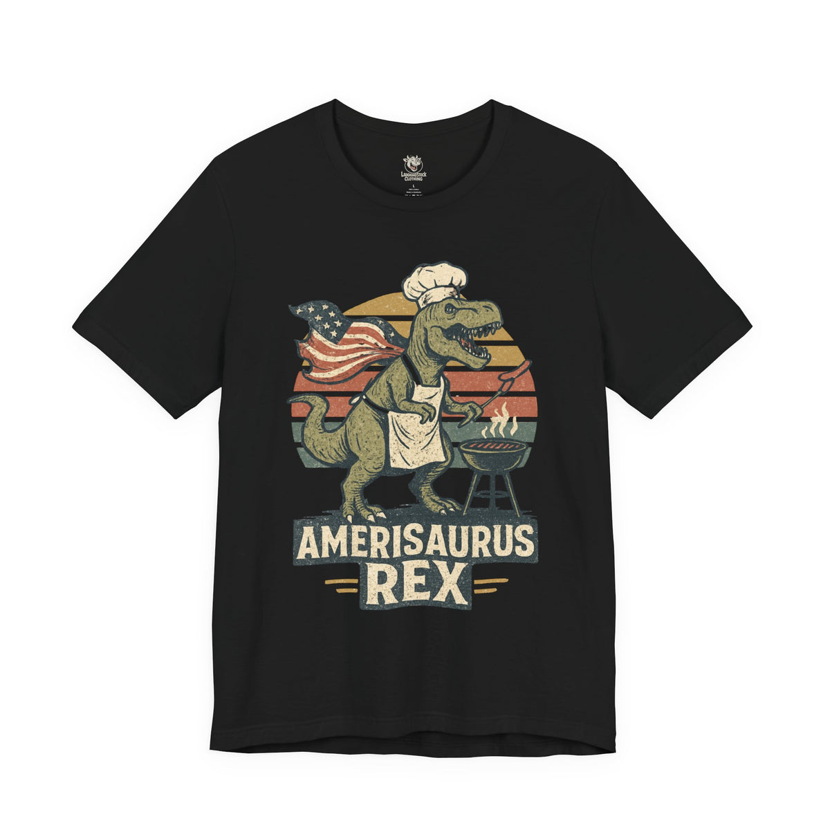 Amerisaurus Rex BBQ T-Shirt – Patriotic Grilling Dino Tee