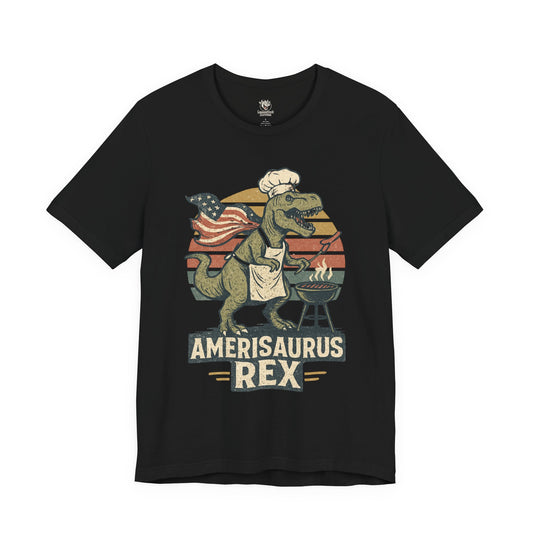 Amerisaurus Rex BBQ T-Shirt – Patriotic Grilling Dino Tee