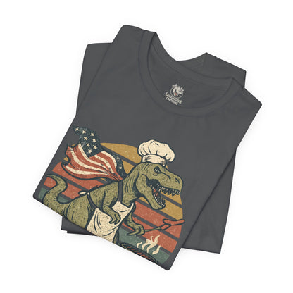 Amerisaurus Rex BBQ T-Shirt – Patriotic Grilling Dino Tee