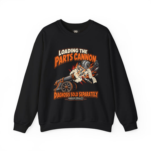 Loading the Parts Cannon — Garage Reality Crewneck Sweatshirt