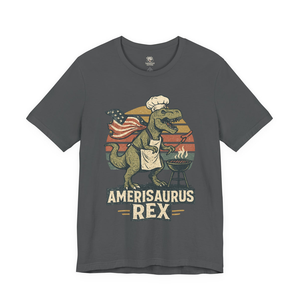 Amerisaurus Rex BBQ T-Shirt – Patriotic Grilling Dino Tee