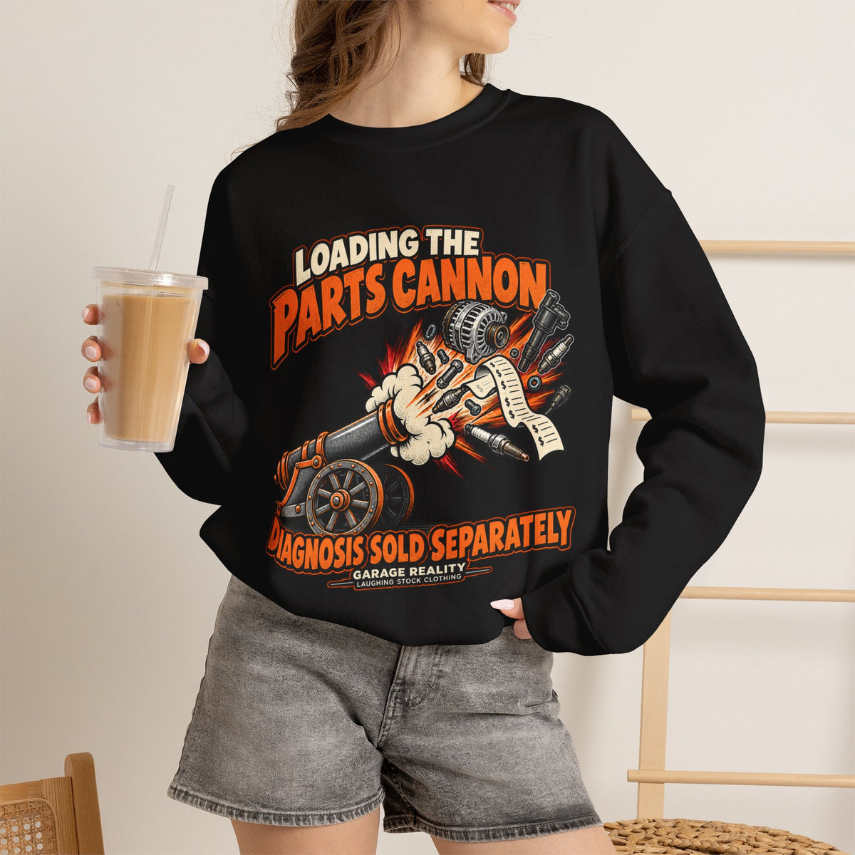 Loading the Parts Cannon — Garage Reality Crewneck Sweatshirt